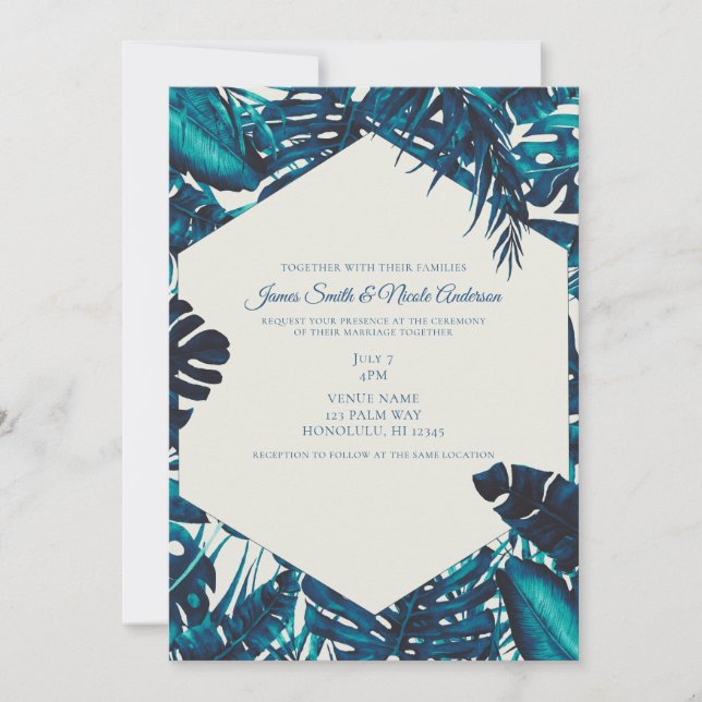 Invitación Hojas de palma tropicales verdes turquesa para bod (Anverso)