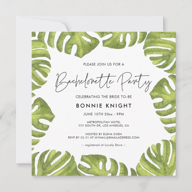 Invitación hojas de palma verde tropical Bachelorette Party (Anverso)
