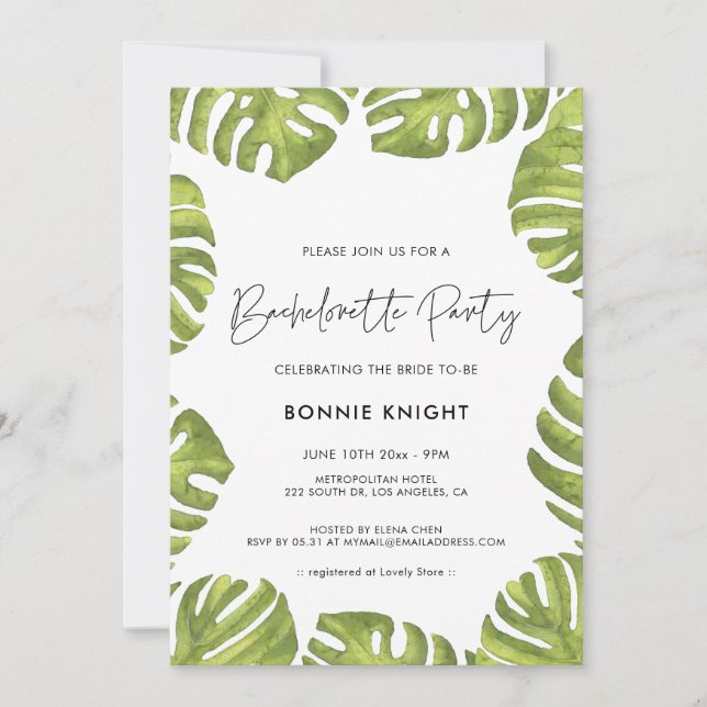 Invitación hojas de palma verde tropical Bachelorette Party (Anverso)