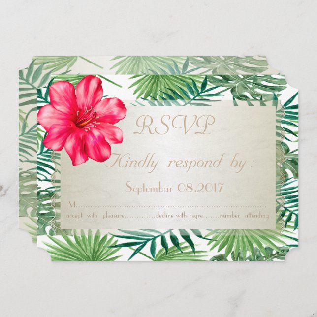 Invitación Hojas de palmas tropicales,Tarjeta RSVP de boda Hi (Anverso / Reverso)