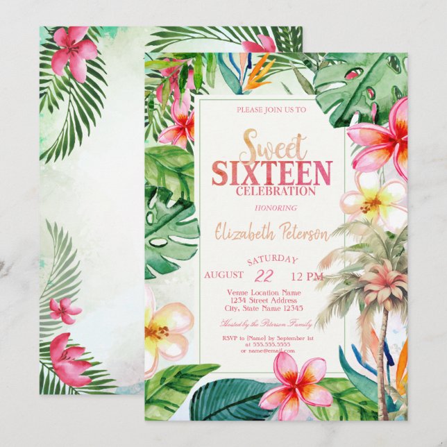 Invitación Hojas de palmera Flores tropicales Verano Dulces 1 (Anverso / Reverso)