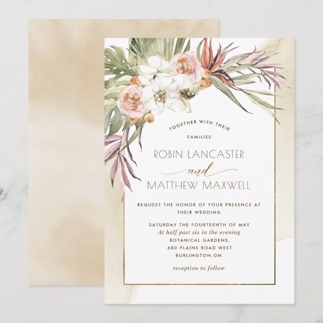 Invitación Hojas de palmera secas, Boda de crema tropical flo (Anverso / Reverso)