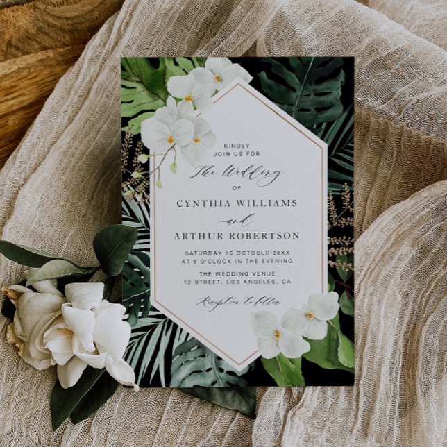 Invitación hojas de palmera tropicales boda floral blanco (Subido por el creador)