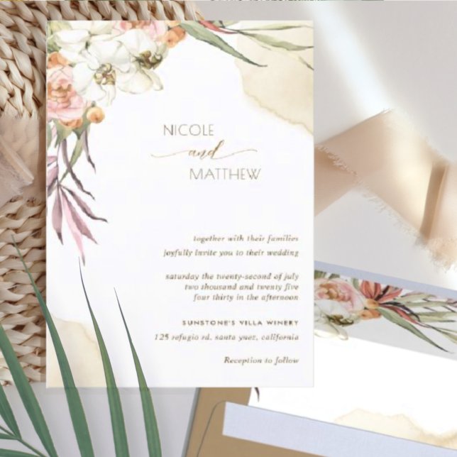 Invitación Hojas de palmeras florales, Boda crema y melocotón (Subido por el creador)