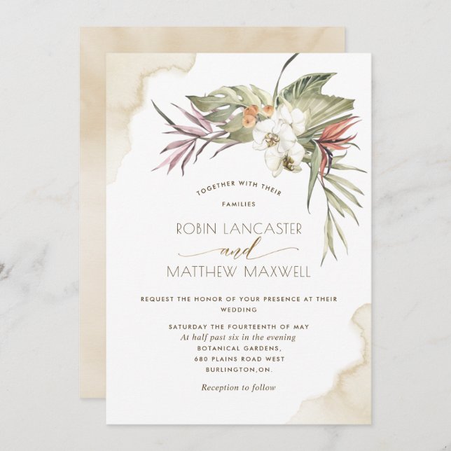 Invitación Hojas de palmeras secas tropicales y florales, Bod (Anverso / Reverso)