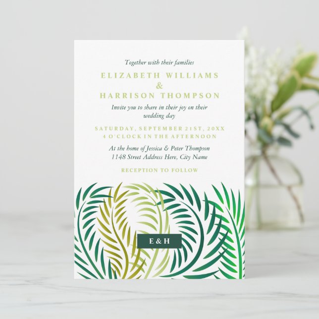 Invitación Hojas de palmeras tropicales, bodas en la playa (Anverso de pie)