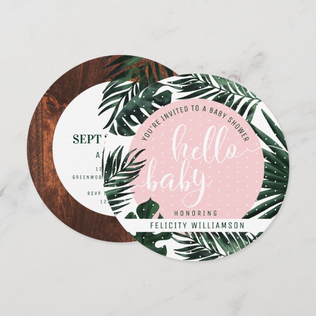 Invitación Hojas de palmeras tropicales y Baby Shower Chica d (Anverso / Reverso)