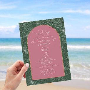 Invitación Hojas de palmilla Boda tropical verde rosa