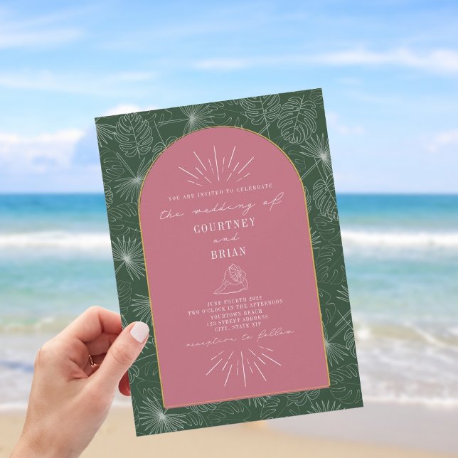 Invitación Hojas de palmilla Boda tropical verde rosa (Subido por el creador)