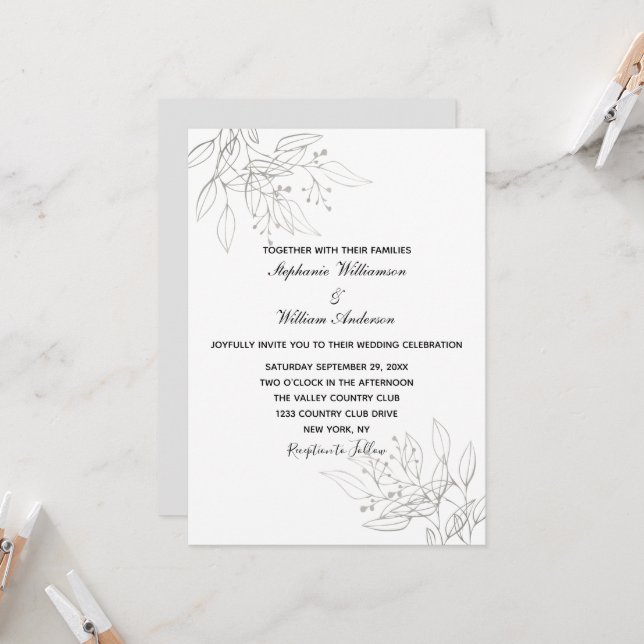 Invitación Hojas de plata Elegante Formal Moderno Chic Boda (Anverso/Reverso In Situ)
