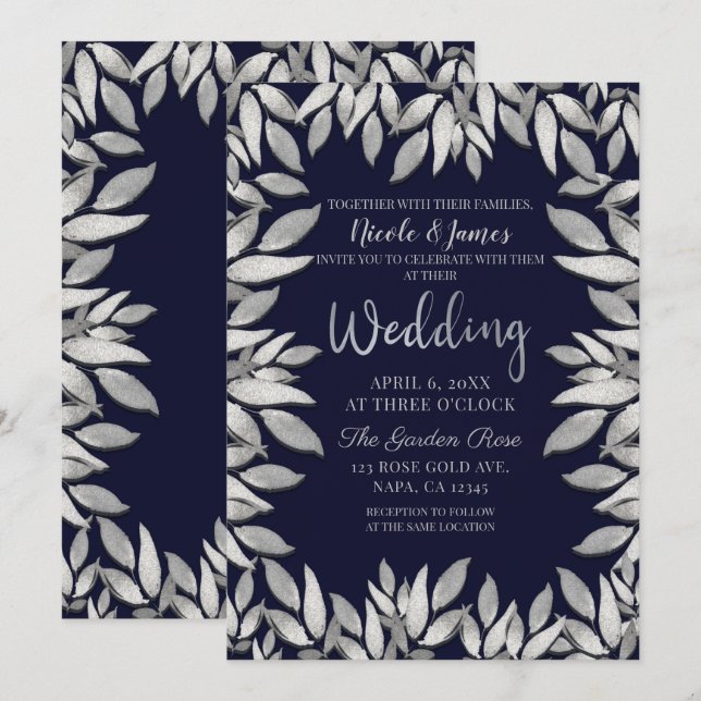 Invitación Hojas de Plata Glam Botánico Boda Azul (Anverso / Reverso)