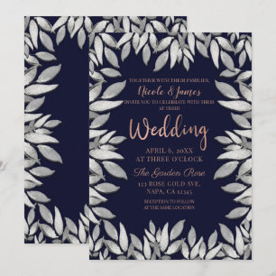 Invitación Hojas de Plata Glam Botánico Boda Azul Rosa