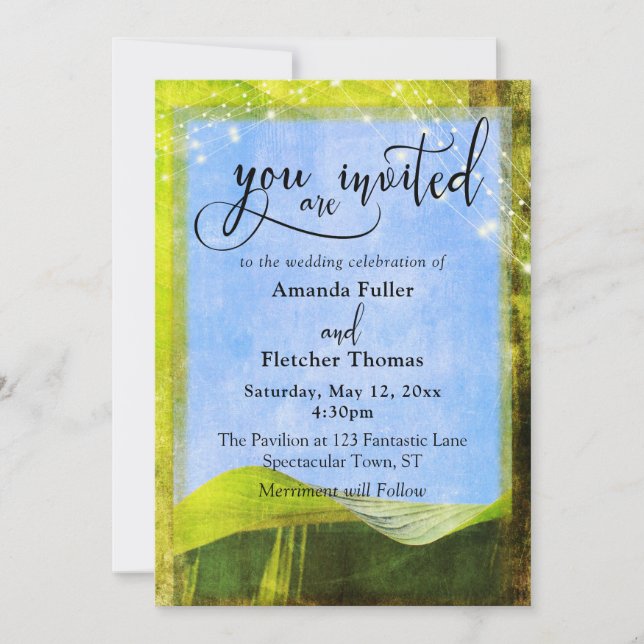 Invitación Hojas de plátano rústicas con luces Boda Boho 2 (Anverso)