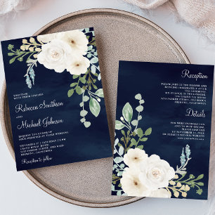 Invitación Hojas de Salvia Floral de Marfil Azul Marino Todo 