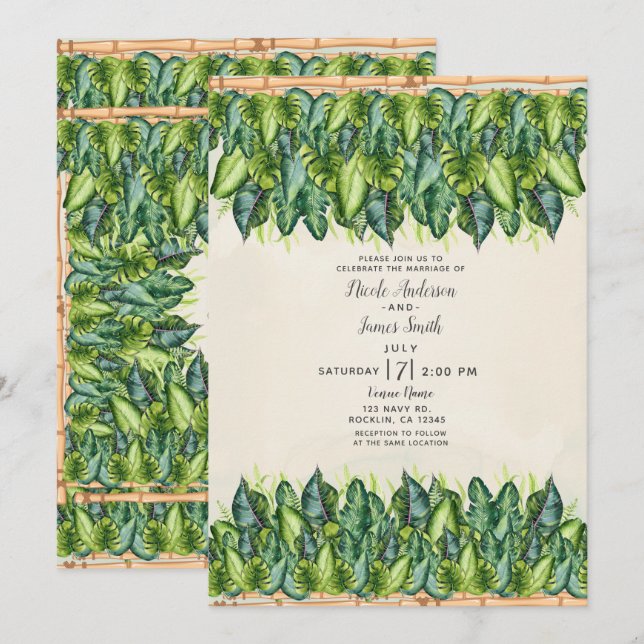 Invitación Hojas de selva tropical y bambú botánico de boda (Anverso / Reverso)