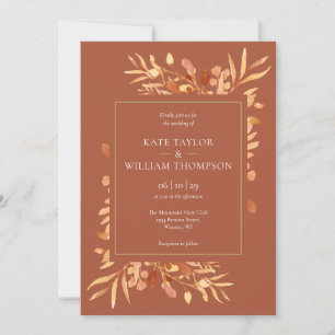 Invitación Hojas de Terracota Elegante Chic Boda Dorada