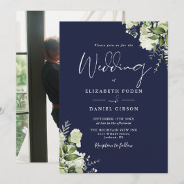 Invitación Hojas de vegetación azul marino elegante foto boda