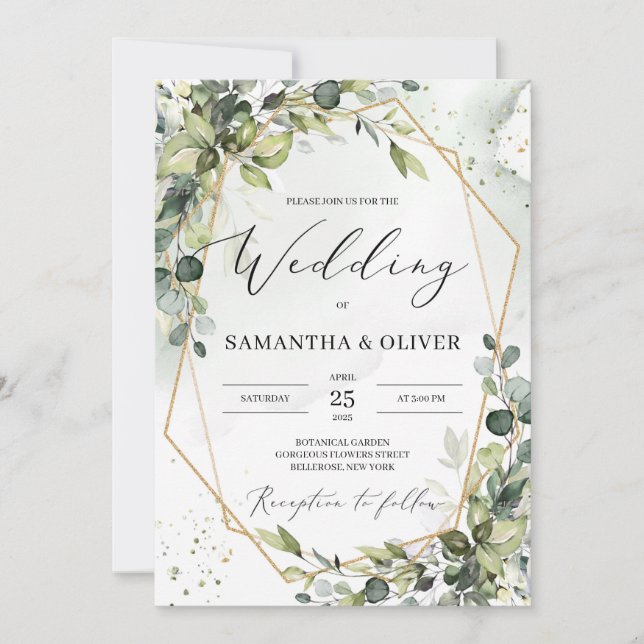 Invitación Hojas de vegetación boda geométrico de oro (Anverso)