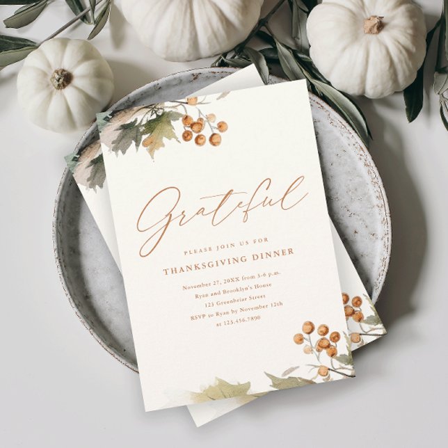 Invitación Hojas de vegetación follaje rústico cena de Acción (An elegant rustic thanksgiving dinner invitation with watercolor foliage and leaves.)