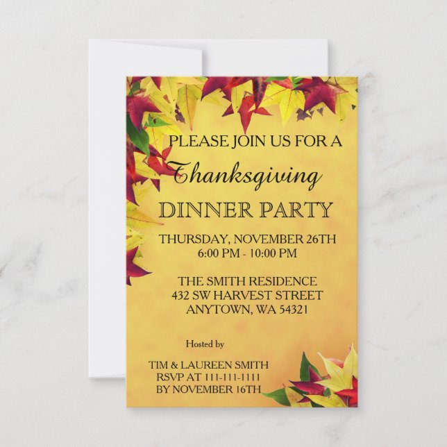 Invitación Hojas del fiesta de cena de la acción de gracias (Anverso)