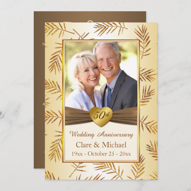 Invitación Hojas doradas, corazón 50 Aniversario de Boda (Anverso / Reverso)