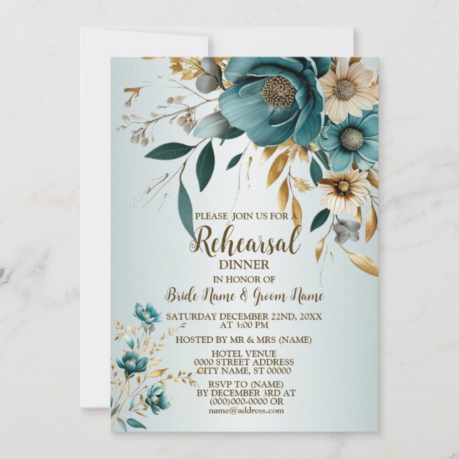 Invitación Hojas doradas de flores blancas turquesa del parti (Anverso)