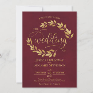 Invitación Hojas Doradas Rústicas Elegante Boda Borgoña