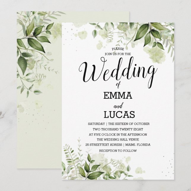Invitación Hojas Elegantes Con Boda De Acuarela Splash (Anverso / Reverso)