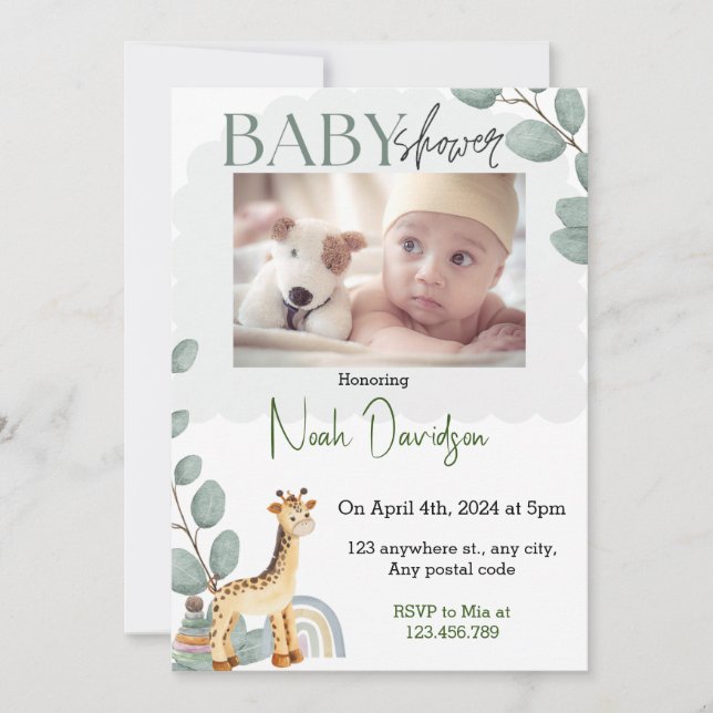 Invitación Hojas elegantes con jirafa de bebé y juguetes (Anverso)