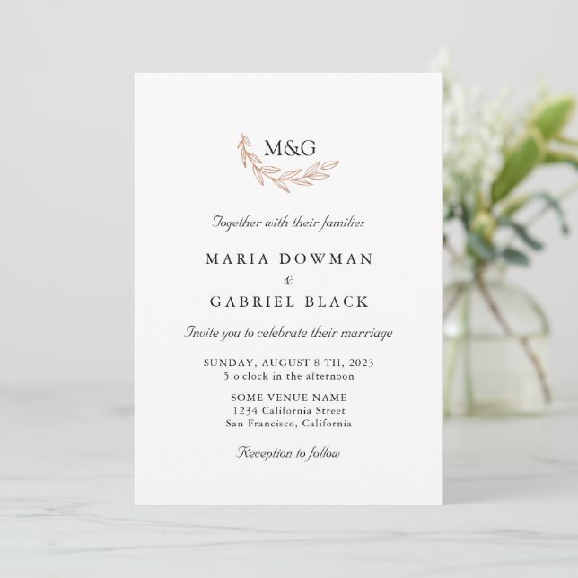 Invitación Hojas elegantes. Tipografía al aire libre Boda sim (Anverso de pie)