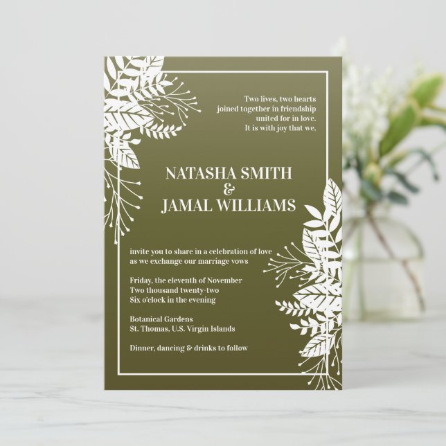 Invitación Hojas elegantes, verde oliva (Anverso de pie)