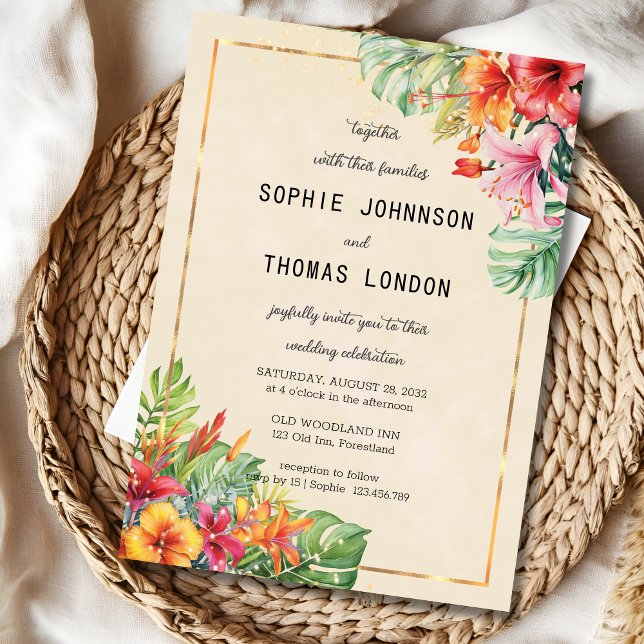 Invitación Hojas exóticas y flores acuarela boda (Subido por el creador)