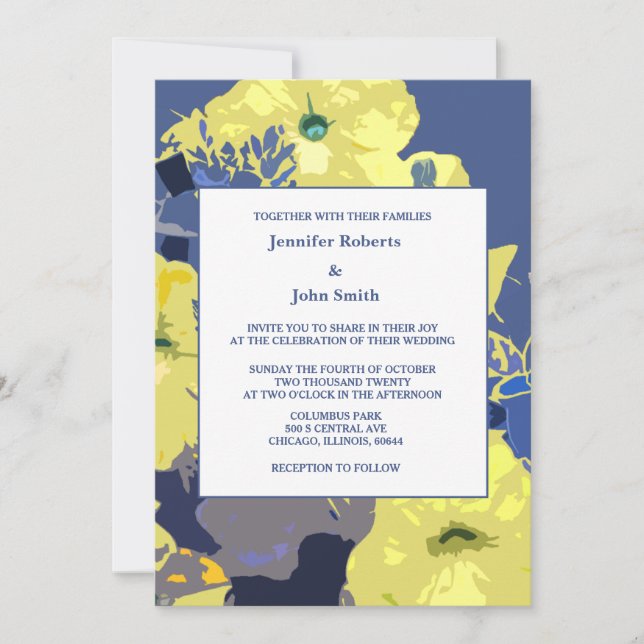 Invitación Hojas florales amarillas Boda de arte azul turbio  (Anverso)