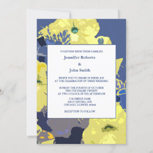 Invitación Hojas florales amarillas Boda de arte azul turbio