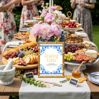 Invitación hojas florales azules "Tabla de Pastoreo" Letrero