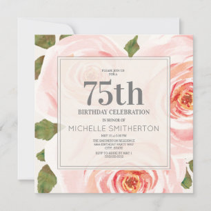 Invitación Hojas Florales de Rosa Sonrojado Cumpleaños 75 Muj