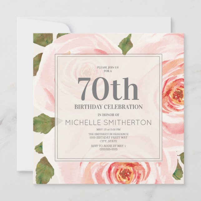 Invitación Hojas florales rosadas de rubor Cumpleaños 70 Muje (Anverso)