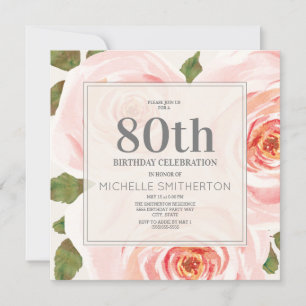 Invitación Hojas florales rosadas de rubor Cumpleaños 80 Muje