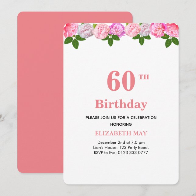 Invitación Hojas florales y de laurel 40º, 60º Cumpleaños (Anverso / Reverso)