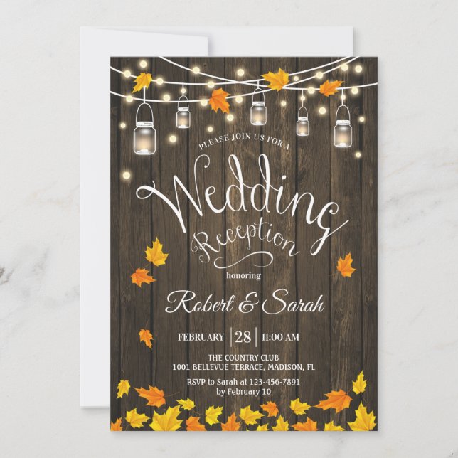 Invitación Hojas Madera Luces Otoño Recepción de Boda Rústica (Anverso)