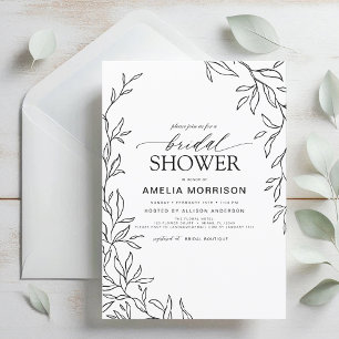 Invitación Hojas minimalistas modernas ducha de novias negras
