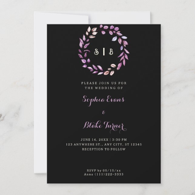 Invitación Hojas moradas monogramadas Boda negro Wreath (Anverso)