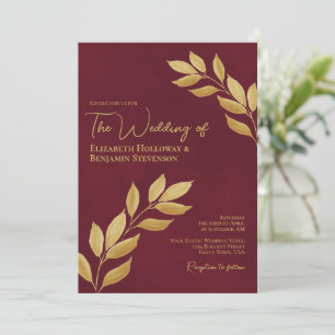 Invitación Hojas Nostálgicas Elegante Boda Burgundy & Gold