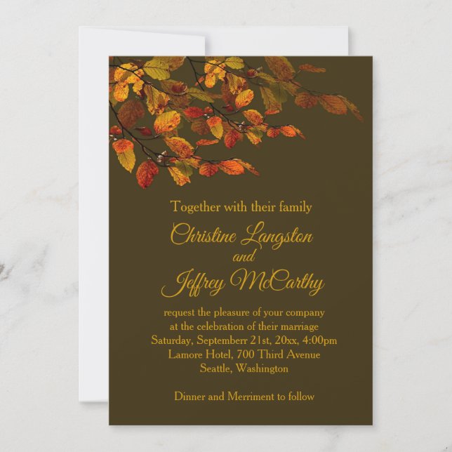 Invitación Hojas otoñales rojas, marrones y amarillas Boda (Anverso)
