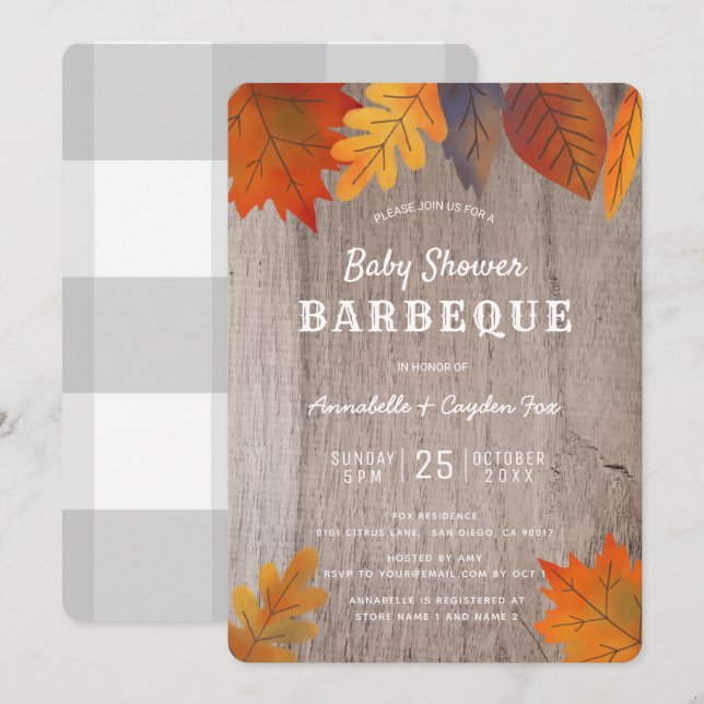 Invitación Hojas otoñales y Parejas de Madera BBQ Baby Shower (Anverso / Reverso)