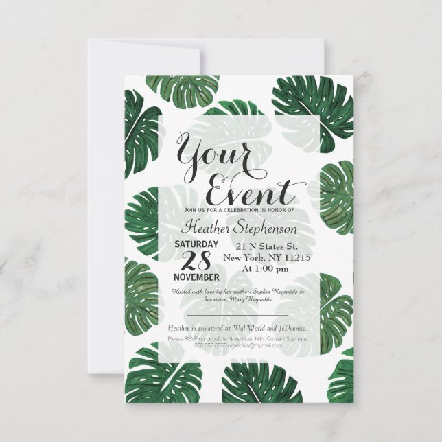 Invitación Hojas pintadas a mano tropicales de la planta del (Anverso)