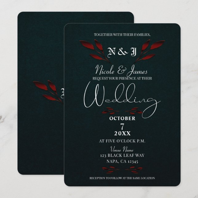 Invitación Hojas rojas brillantes Negra Boda Gótica Glam Mode (Anverso / Reverso)