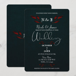 Invitación Hojas rojas brillantes Negra Boda moderna glamor g