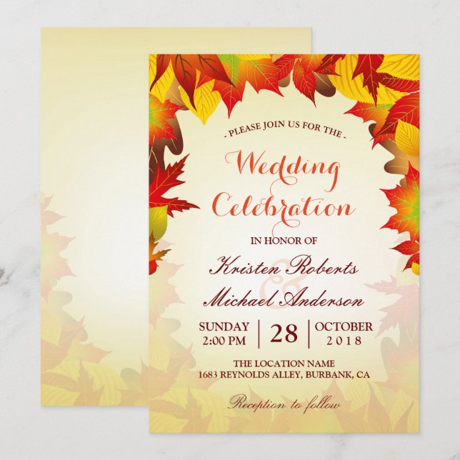 Invitación Hojas Rojas de Oro | Celebración del Boda de otoño (Anverso / Reverso)