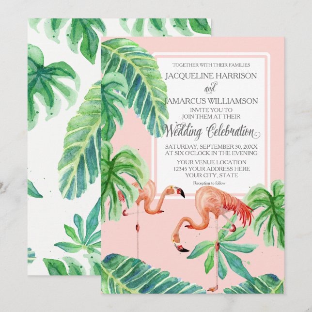 Invitación Hojas rosadas del plátano de la playa del flamenco (Anverso / Reverso)